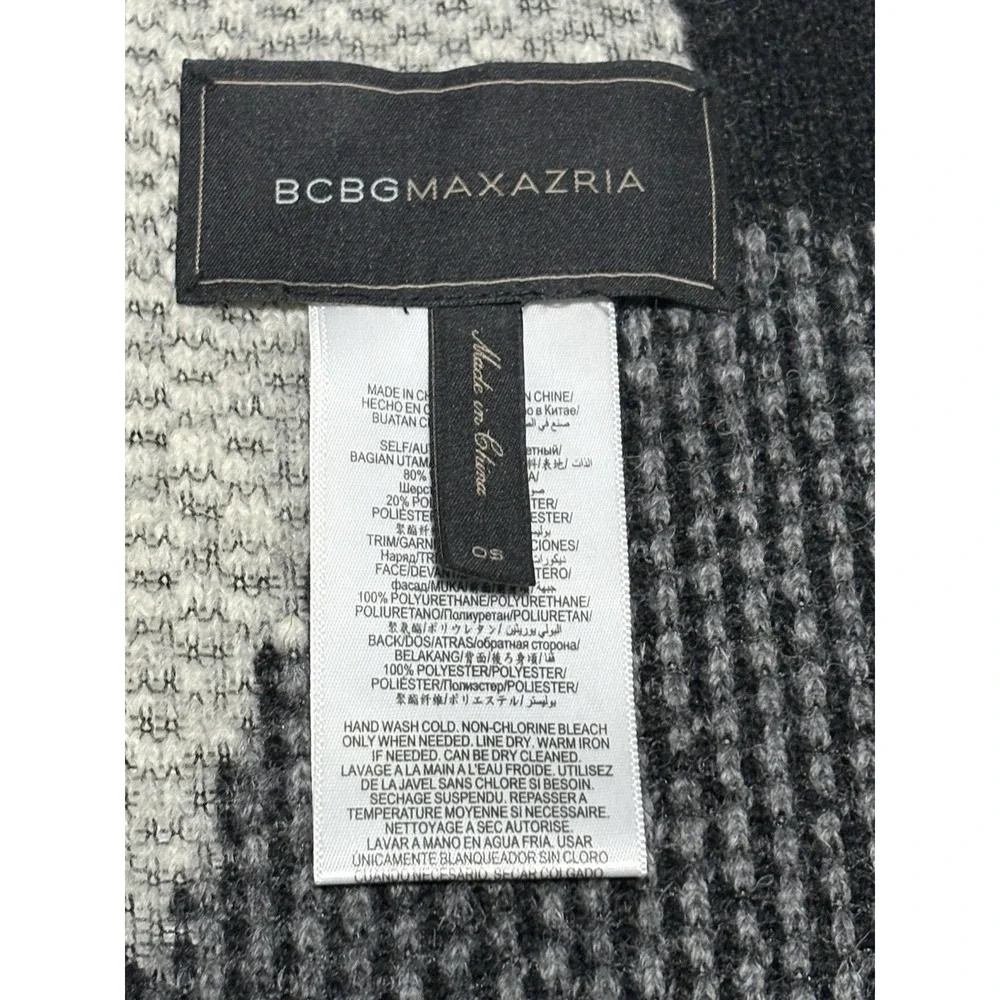 BCBG Maxazria Wool Blend Shawl Wrap Vegan Leather Trim Black White Grey One Size